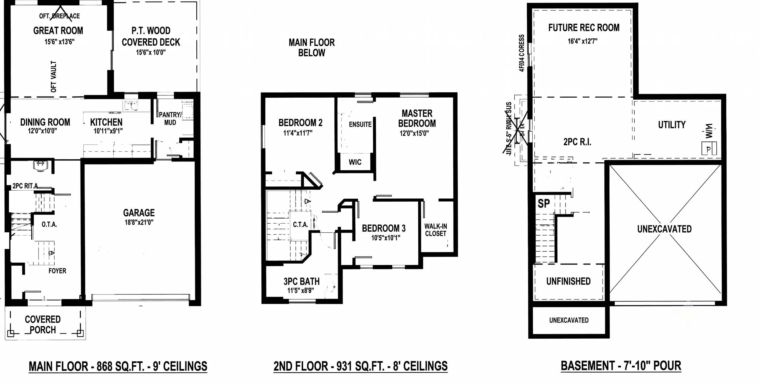 Floor plan showing the main floor with great room, dining room, kitchen and garage; the second floor with three bedrooms and two bathrooms; and the unfinished basement with future rec room and utility area.