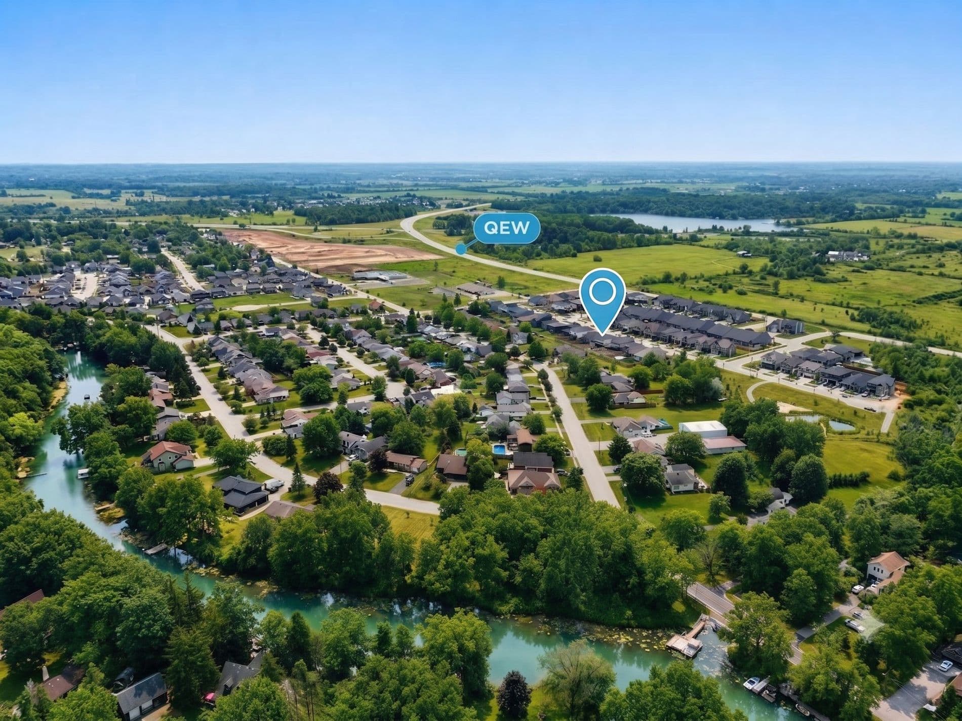 Aerial view of the Black Creek community with Black Creek in the foreground and the QEW marked to the north