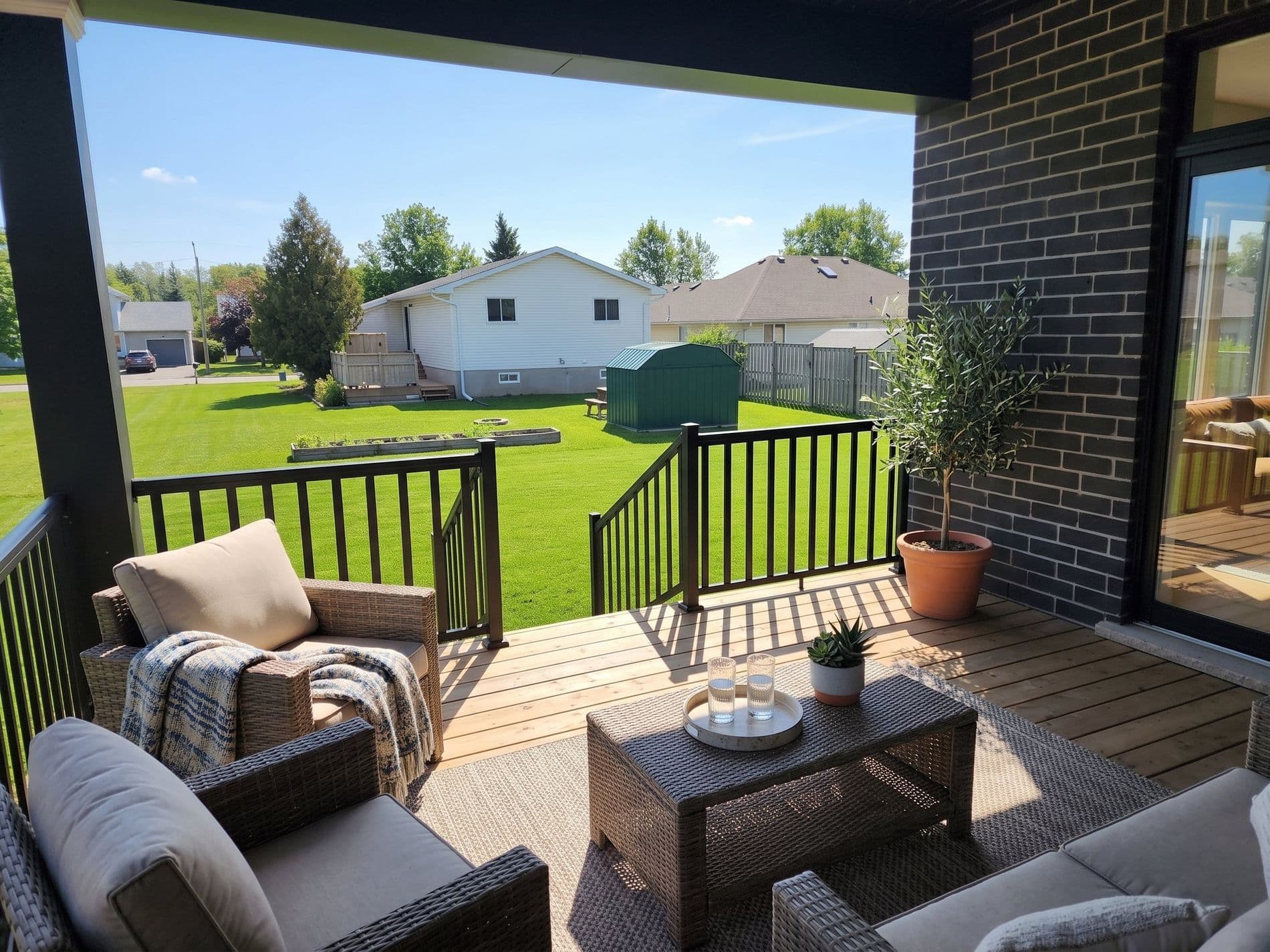 Covered rear deck looking out over the sodded back yard, shown furnished