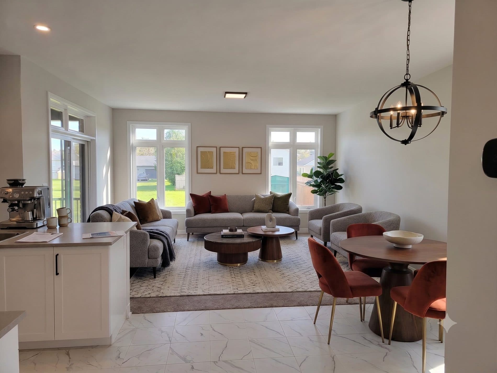 Open great room and dining area with sliding doors to the rear deck, shown furnished