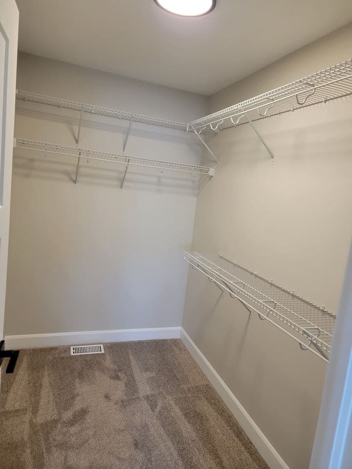 Walk-in closet with three walls of shelving