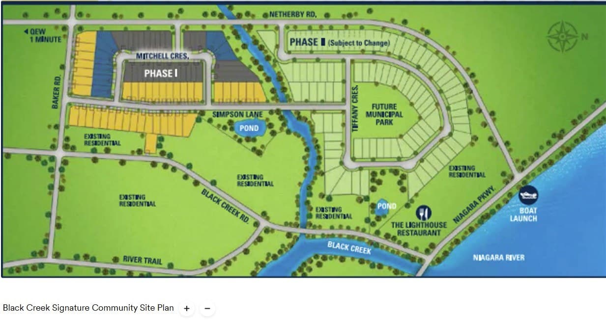 Site plan of the Black Creek Signature Community showing Phase I along Simpson Lane and Mitchell Crescent, Phase II to the east, two ponds, the future municipal park, Black Creek running through to the Niagara River, and the boat launch.